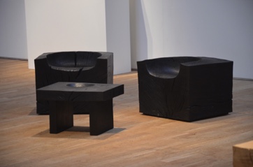 Pair of deep block seats and bowl table